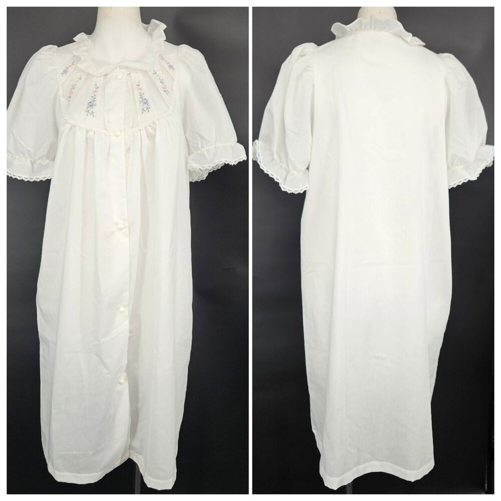 Vint Lorraine Nightgown Robe Medium White Lace Floral 80s Romantic Nap Dress